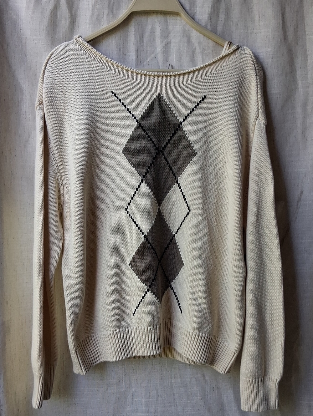 1. State Argyle Sweater Cream Knit M 100% Cotton - Picture 2 of 12